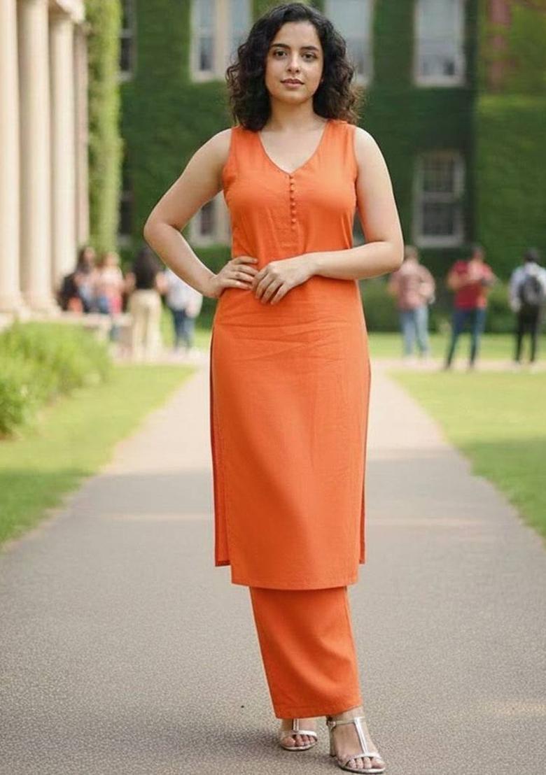 Orange Solid Cotton Kurta Set - Indya