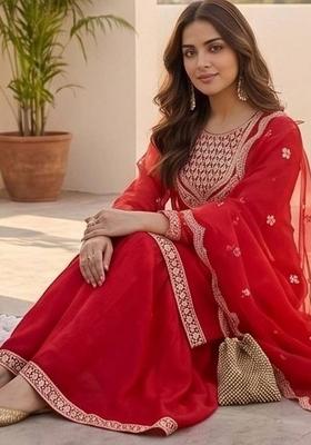 Red Embroidery Silk Kurta Set