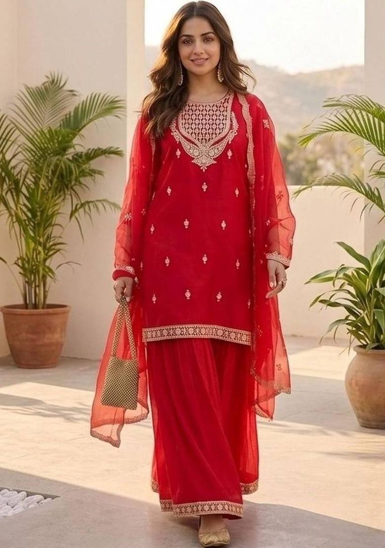Red Embroidery Silk Kurta Set - Indya