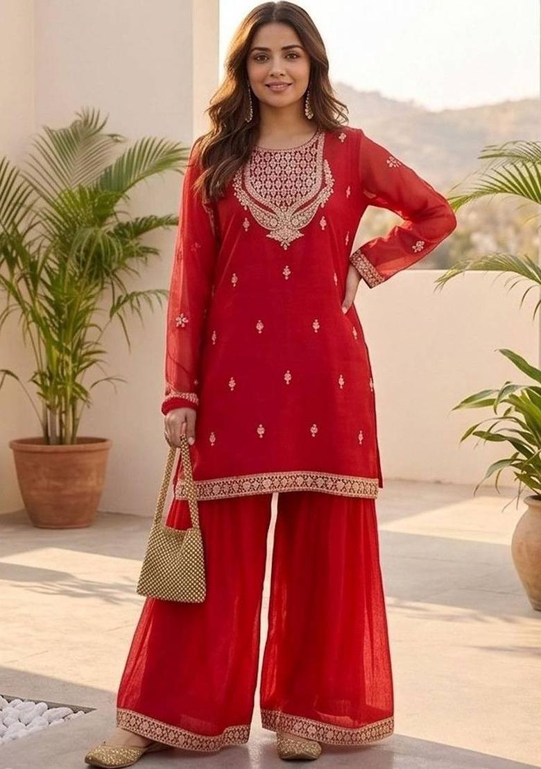 Red Embroidery Silk Kurta Set - Indya