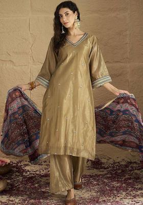 Golden Embroidery Silk Kurta Set