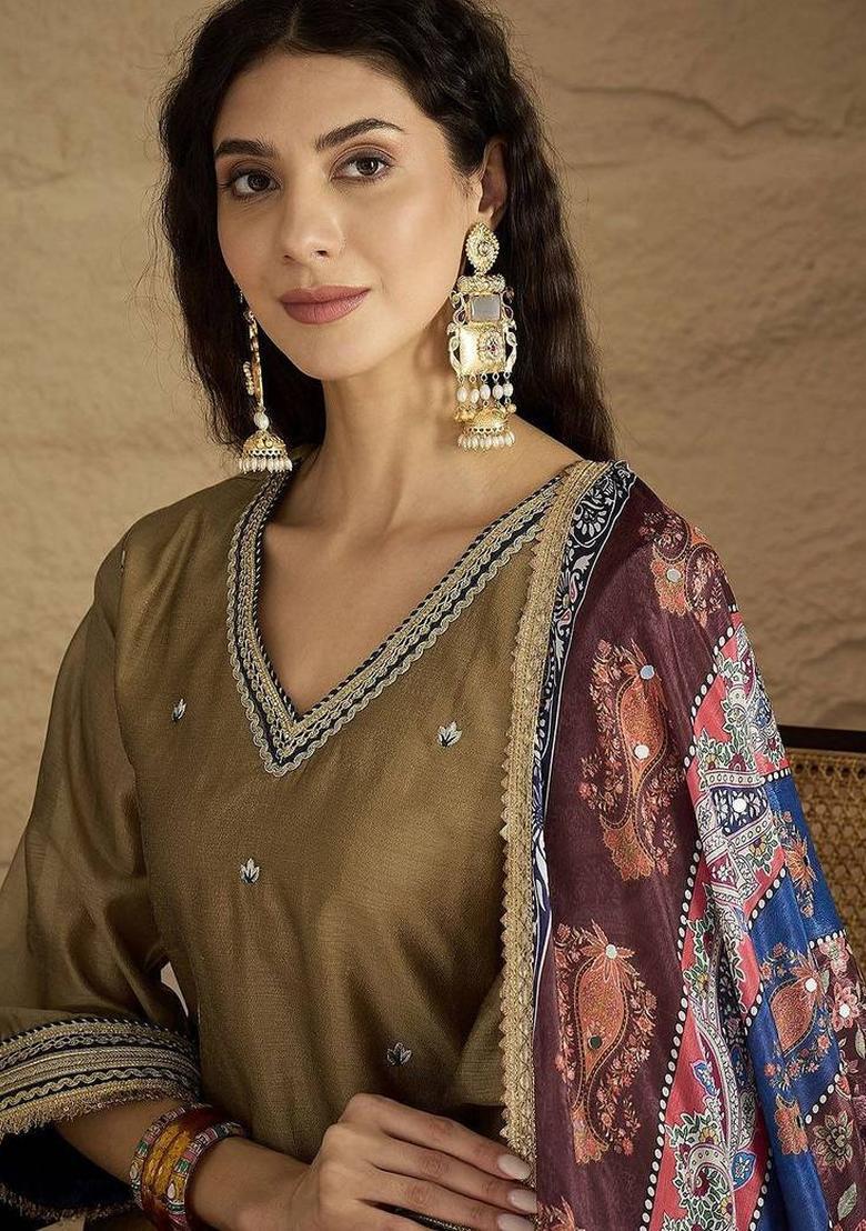 Golden Embroidery Silk Kurta Set - Indya