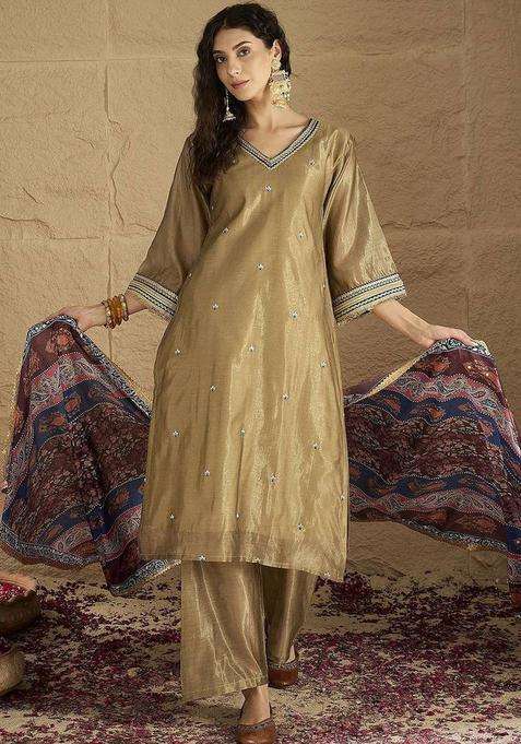 Golden Embroidery Silk Kurta Set