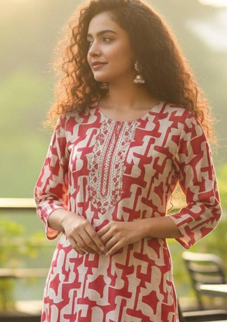 Red Floral Print Cotton Kurta Set - Indya