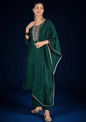 Green Solid Silk Kurta Set
