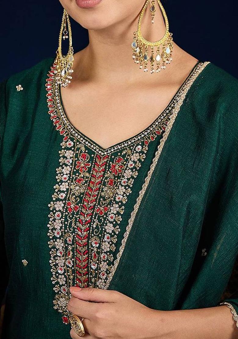 Green Solid Silk Kurta Set - Indya