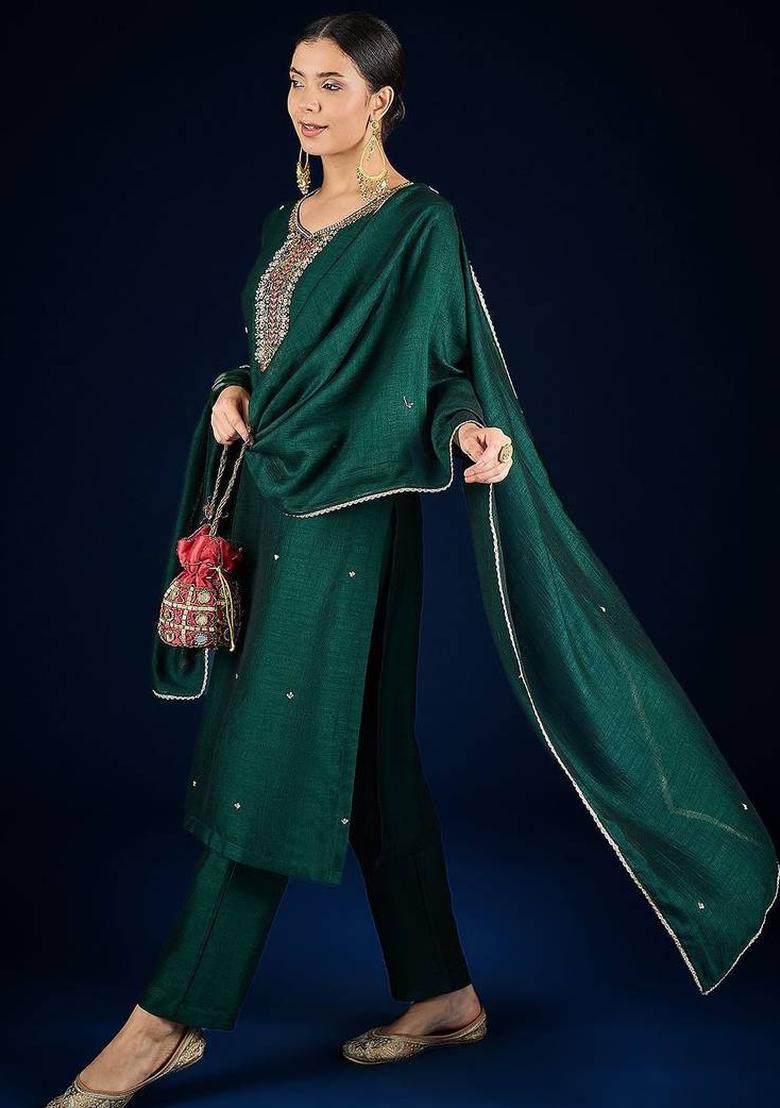 Green Solid Silk Kurta Set - Indya