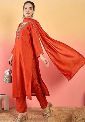 Orange Embroidery Silk Kurta Set