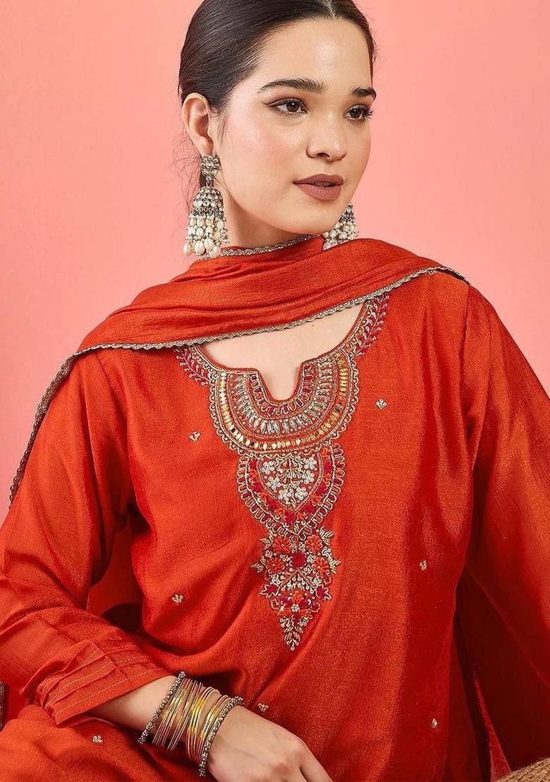 Orange Embroidery Silk Kurta Set - Indya