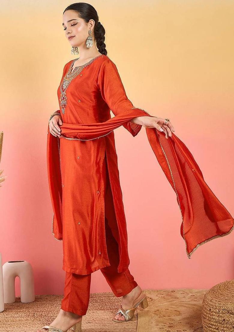 Orange Embroidery Silk Kurta Set - Indya