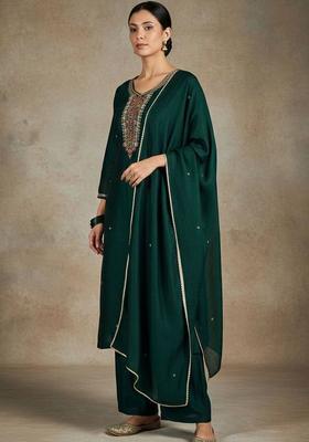 Green Embroidery Silk Kurta Set