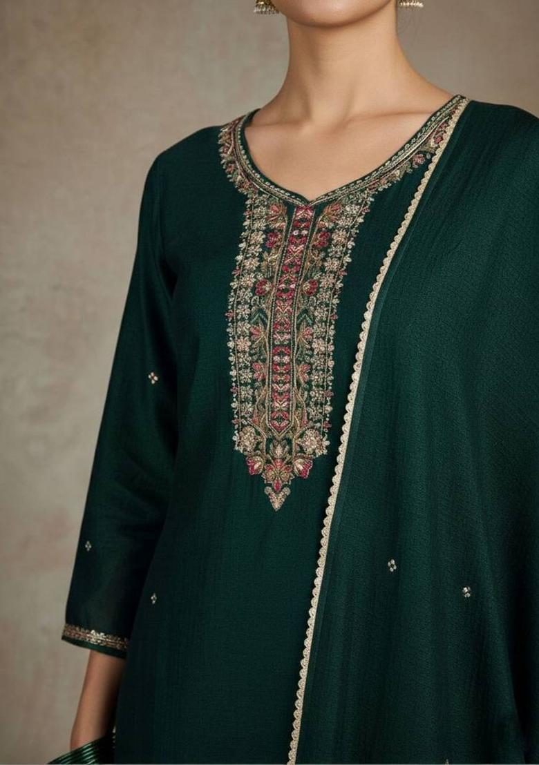 Green Embroidery Silk Kurta Set - Indya