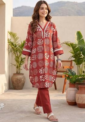 Red Floral Print Cotton Kurta Set