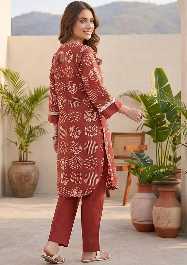Red Floral Print Cotton Kurta Set - Indya