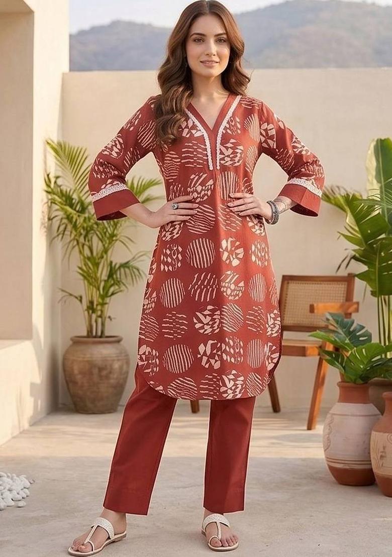 Red Floral Print Cotton Kurta Set - Indya