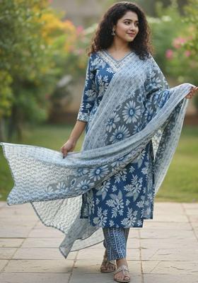 Blue Floral Print Cotton Kurta Set