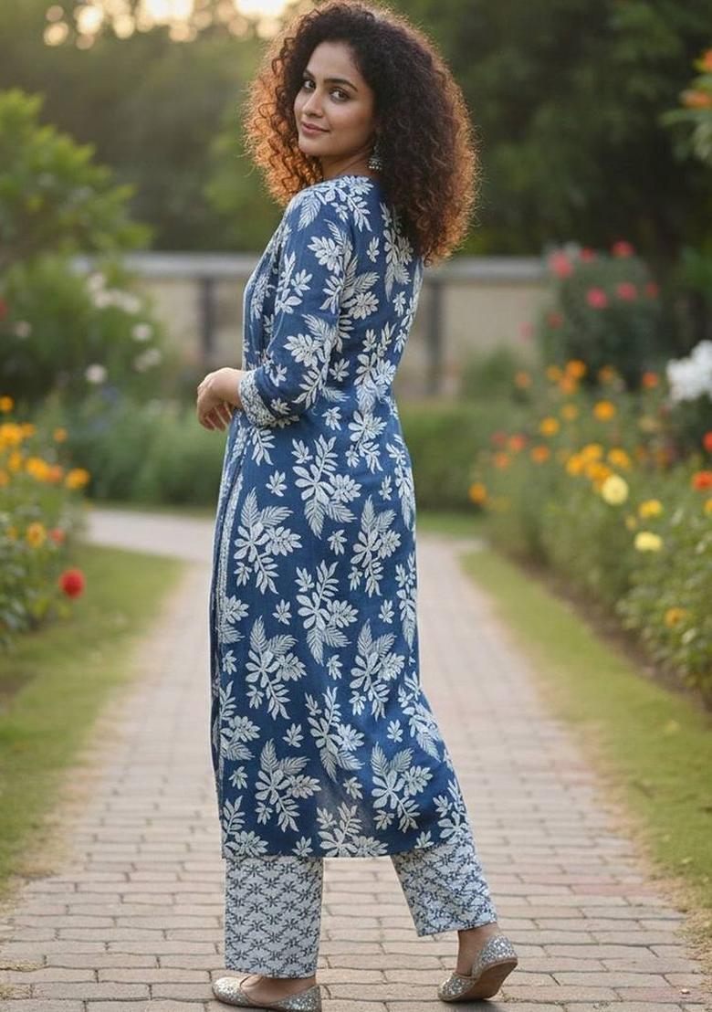 Blue Floral Print Cotton Kurta Set - Indya