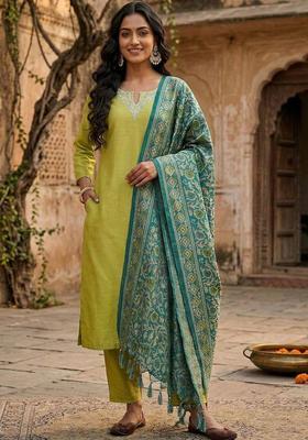 Lime Green Solid Cotton Kurta Set