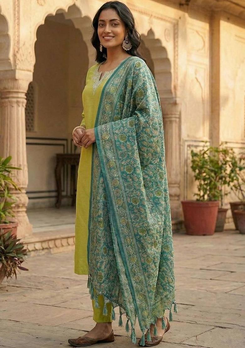 Lime Green Solid Cotton Kurta Set - Indya