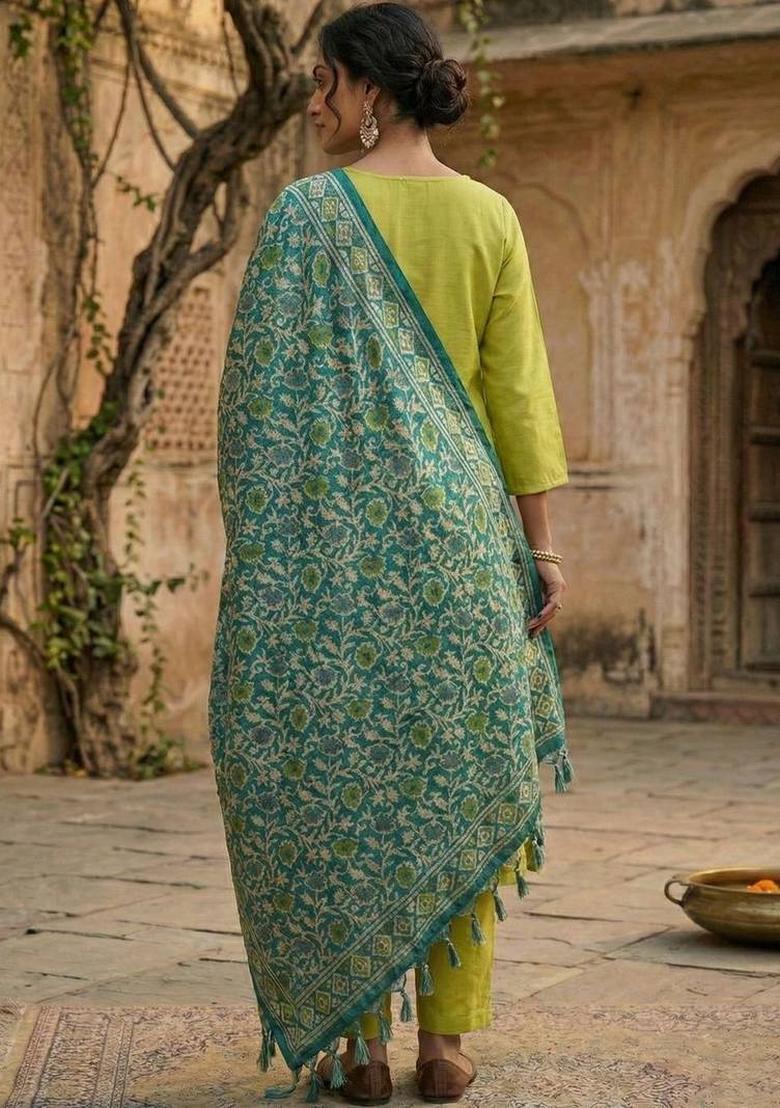 Lime Green Solid Cotton Kurta Set - Indya