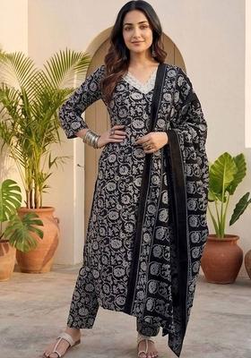 Black Floral Print Cotton Kurta Set