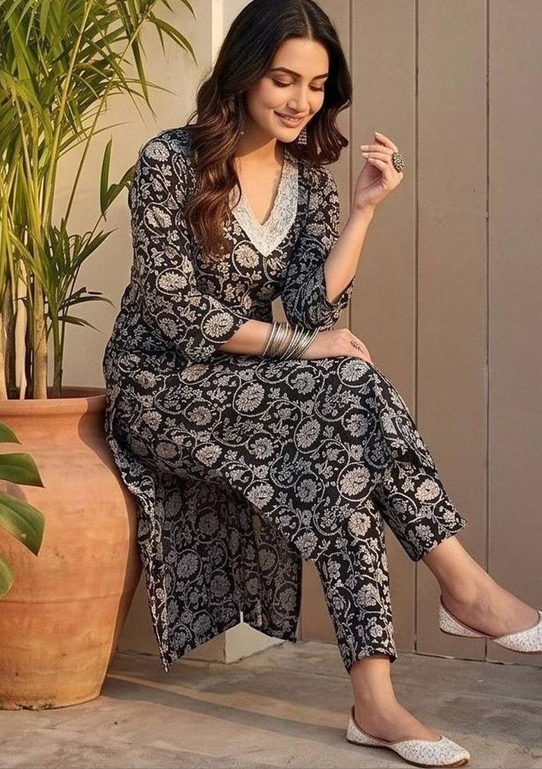 Black Floral Print Cotton Kurta Set - Indya