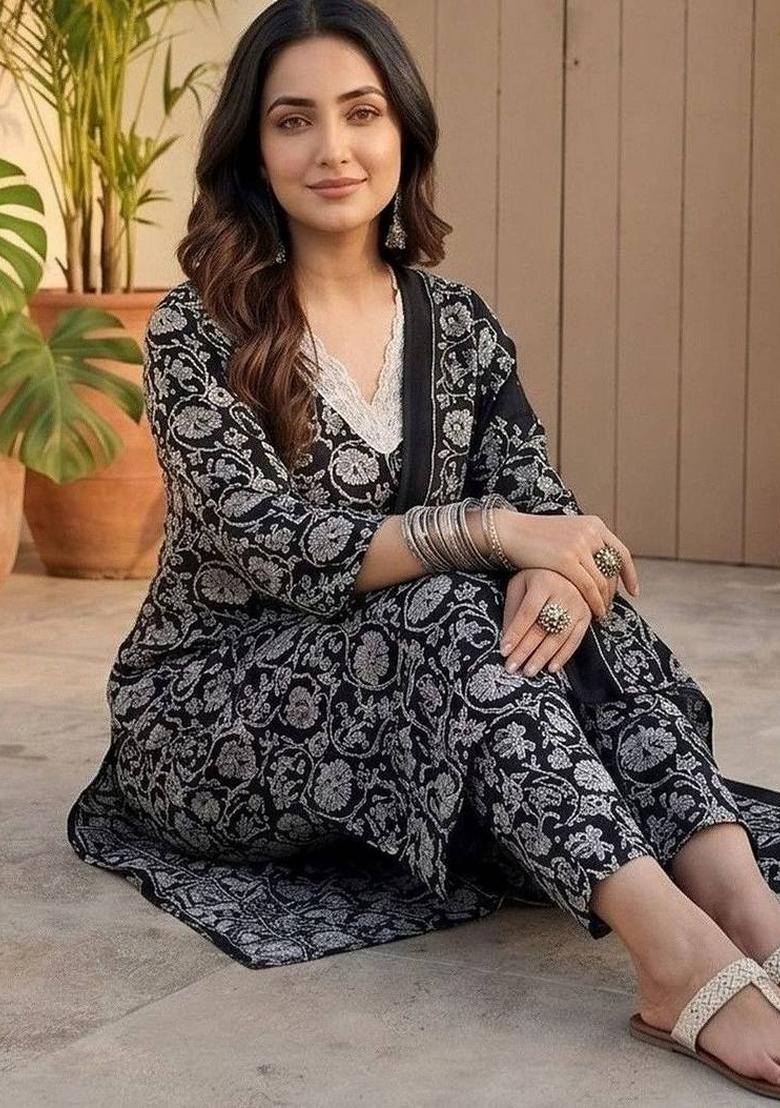 Black Floral Print Cotton Kurta Set - Indya
