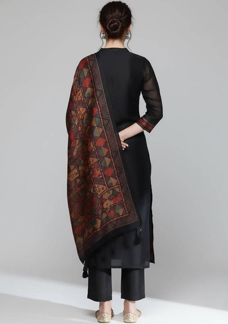 Black Solid Silk Kurta Set - Indya