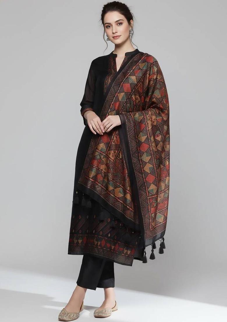 Black Solid Silk Kurta Set - Indya