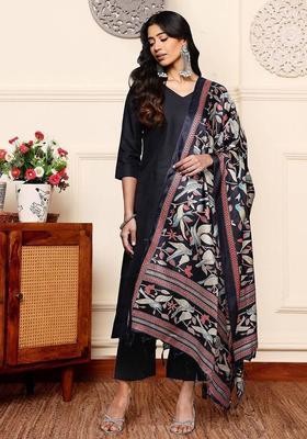 Black Floral Print Cotton Kurta Set