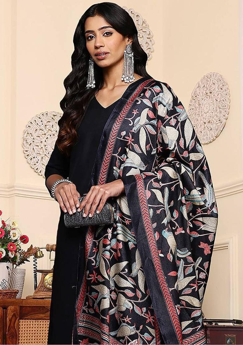 Black Floral Print Cotton Kurta Set - Indya