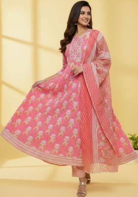 Pink Floral Print Cotton Kurta Set