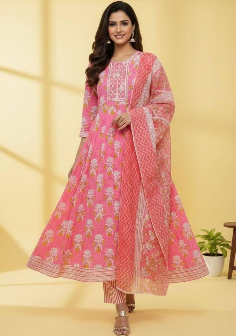Pink Floral Print Cotton Kurta Set - Indya
