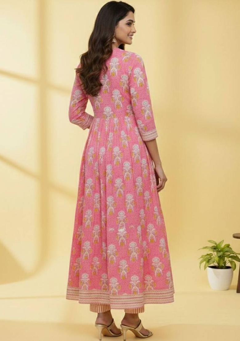Pink Floral Print Cotton Kurta Set - Indya