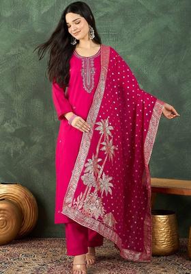 Fuchsia Solid Silk Kurta Set