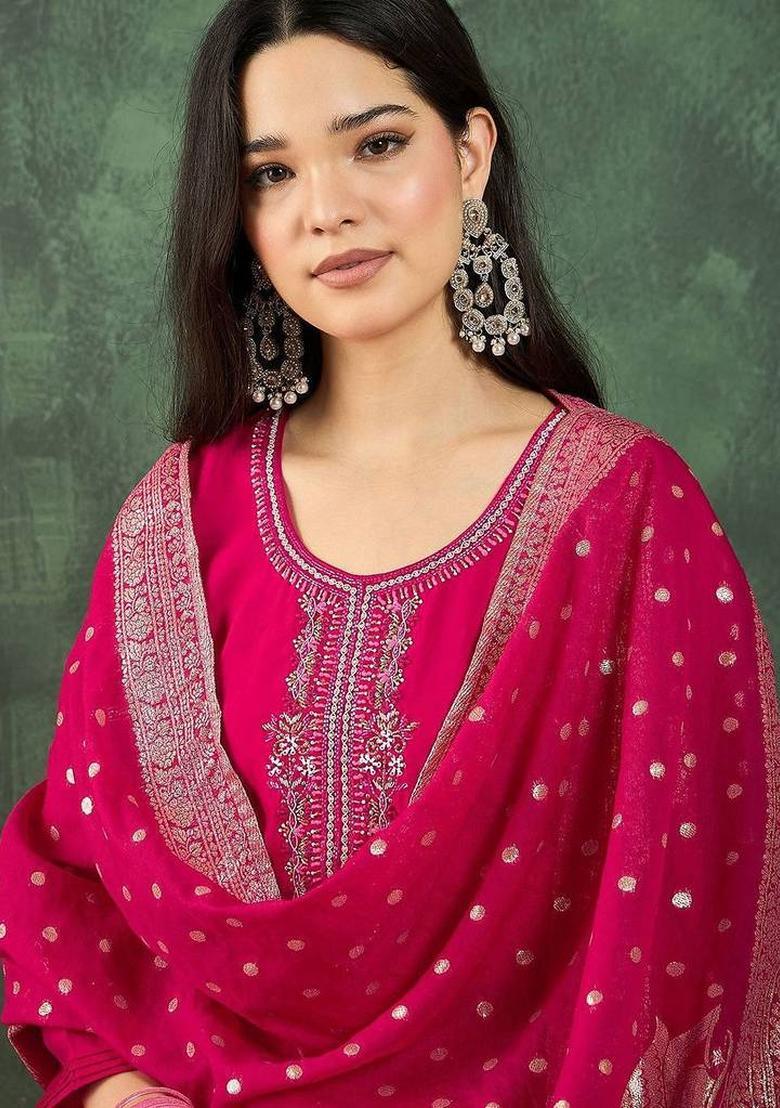 Fuchsia Solid Silk Kurta Set - Indya