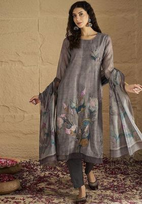Grey Solid Cotton Kurta Set