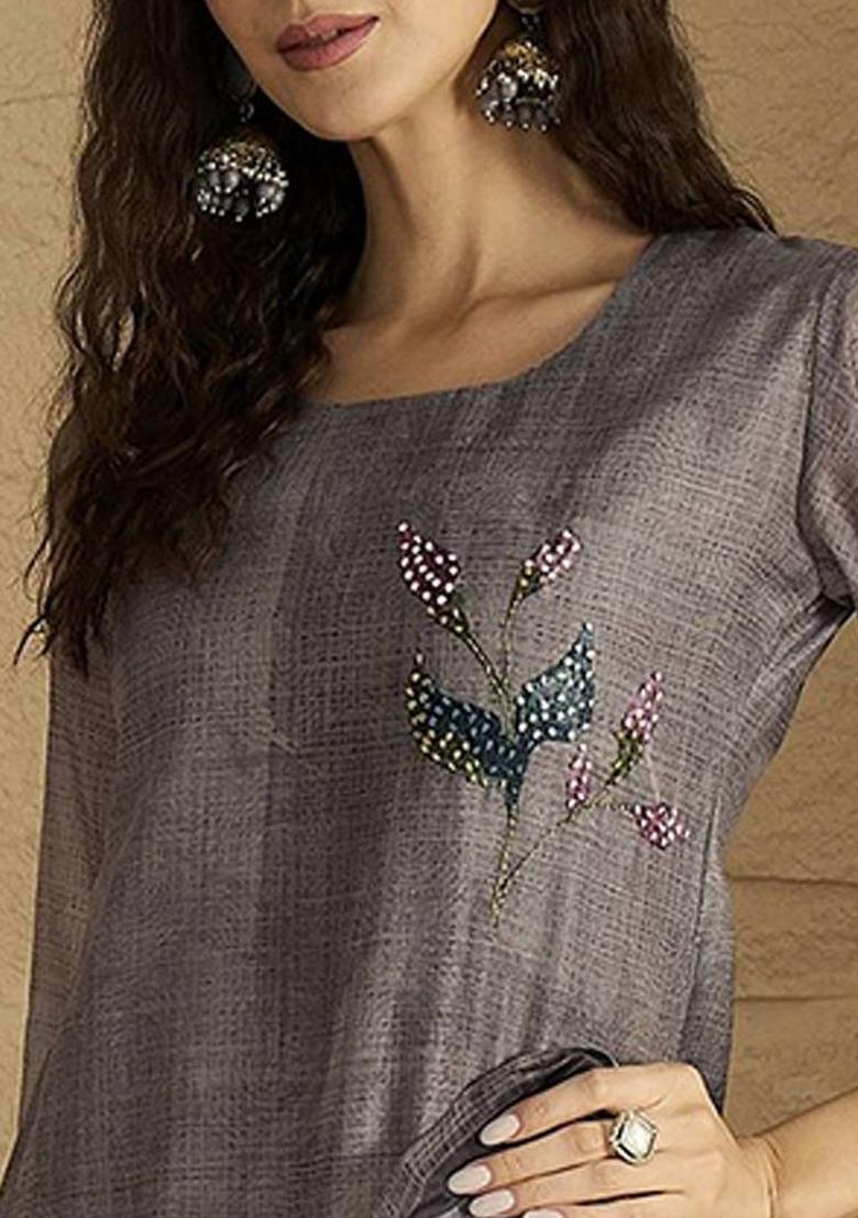 Grey Solid Cotton Kurta Set - Indya