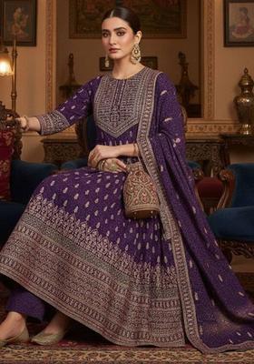 Purple Floral Print Chinon Kurta Set