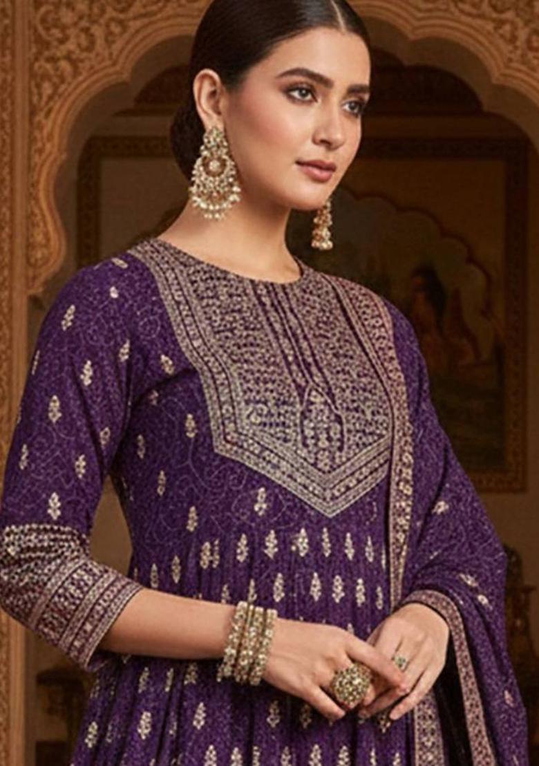 Purple Floral Print Chinon Kurta Set - Indya