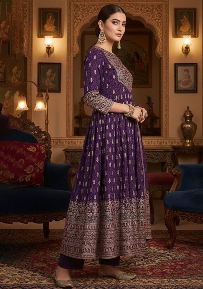 Purple Floral Print Chinon Kurta Set - Indya
