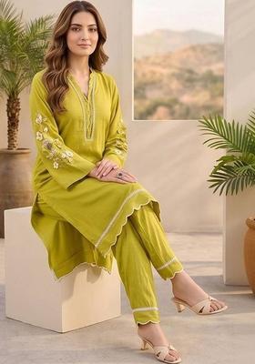 Lime Green Embroidery Silk Kurta Set