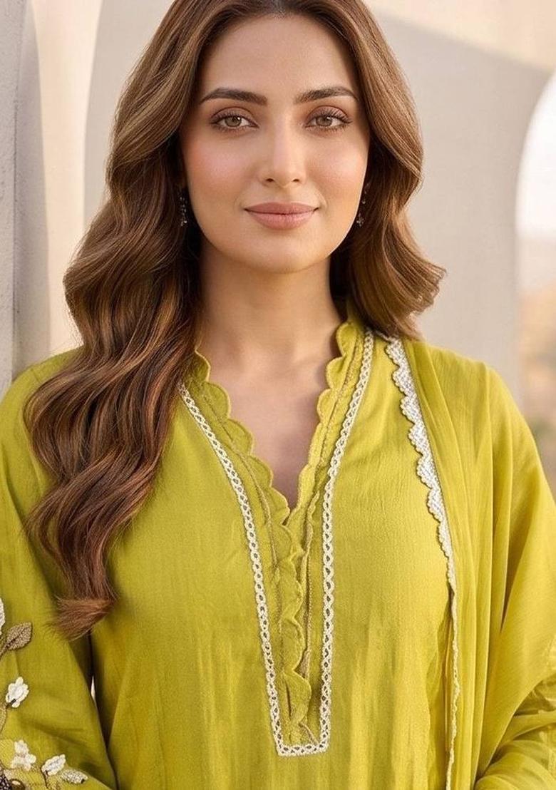 Lime Green Embroidery Silk Kurta Set - Indya