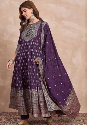 Purple Floral Print Chinon Kurta Set