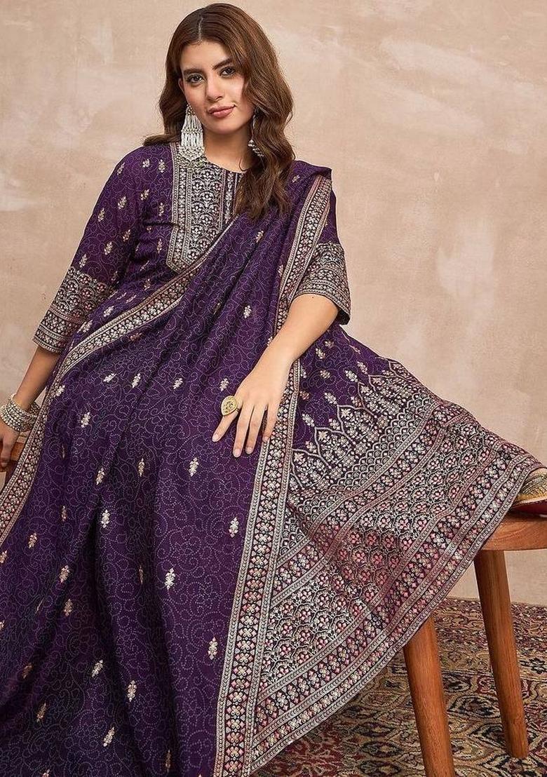 Purple Floral Print Chinon Kurta Set - Indya