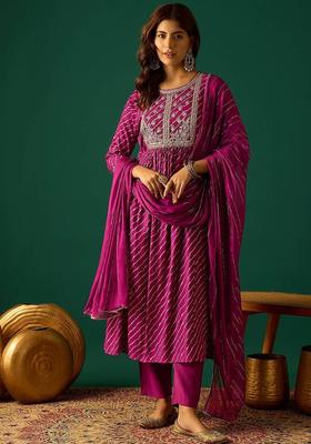 Magenta Floral Print Georgette Kurta Set