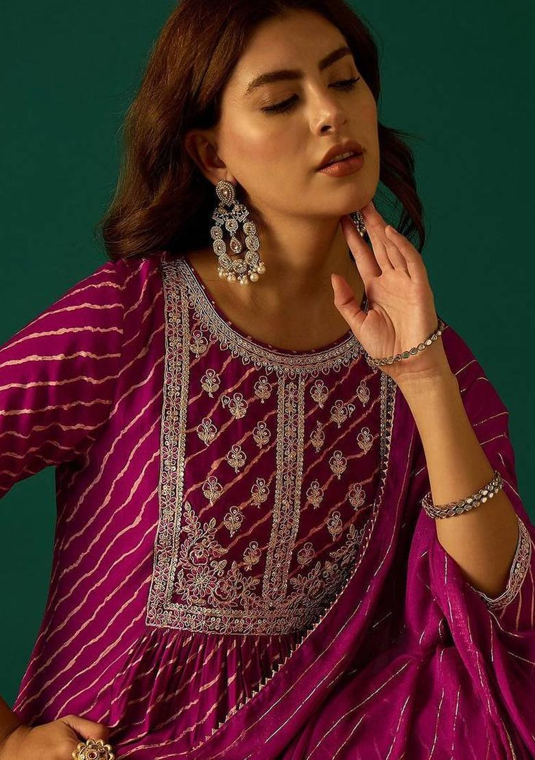 Magenta Floral Print Georgette Kurta Set - Indya