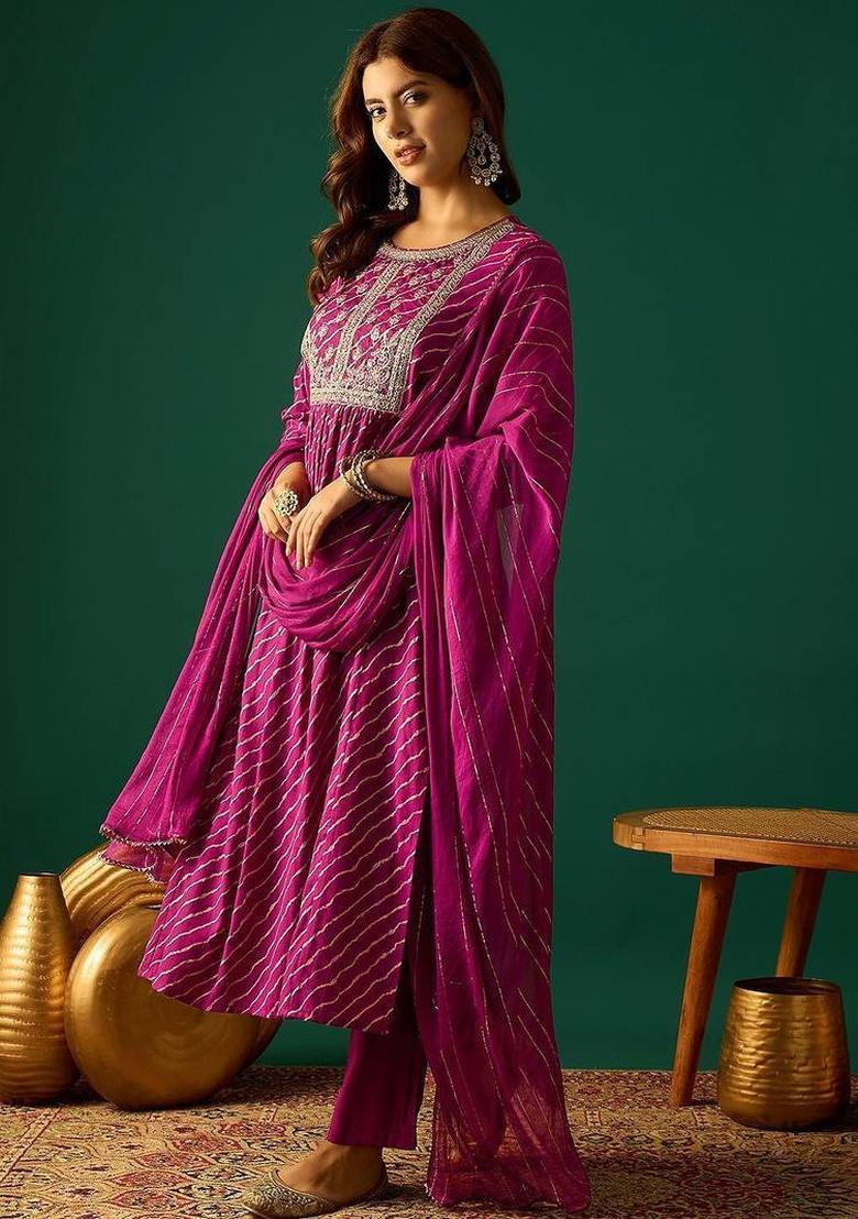 Magenta Floral Print Georgette Kurta Set - Indya