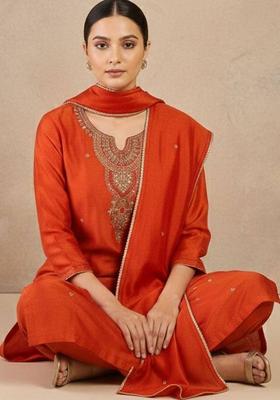 Orange Embroidery Silk Kurta Set