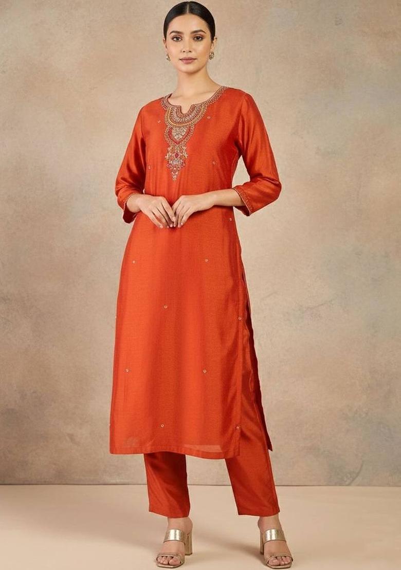 Orange Embroidery Silk Kurta Set - Indya